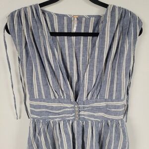Free People Striped V Neck Button Front Midi Dress Blue White Size S NWT
